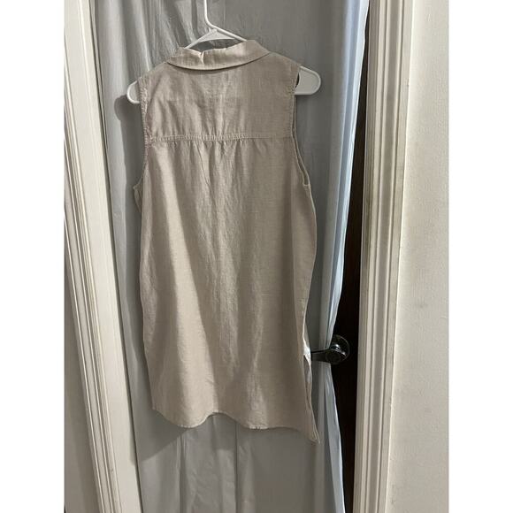 Tahari Tan White Micro Striped Linen Blend Button Up Tunic Top Sz M Side Slits - Picture 6 of 6